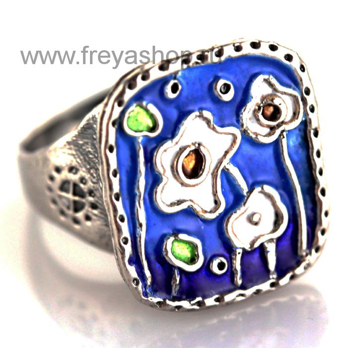 Серебряное кольцо с  эмалью  "Цветочное панно", Кострома