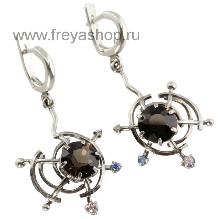Серебряные серьги с раухтопазом и фианитами "Паутинка", Россия