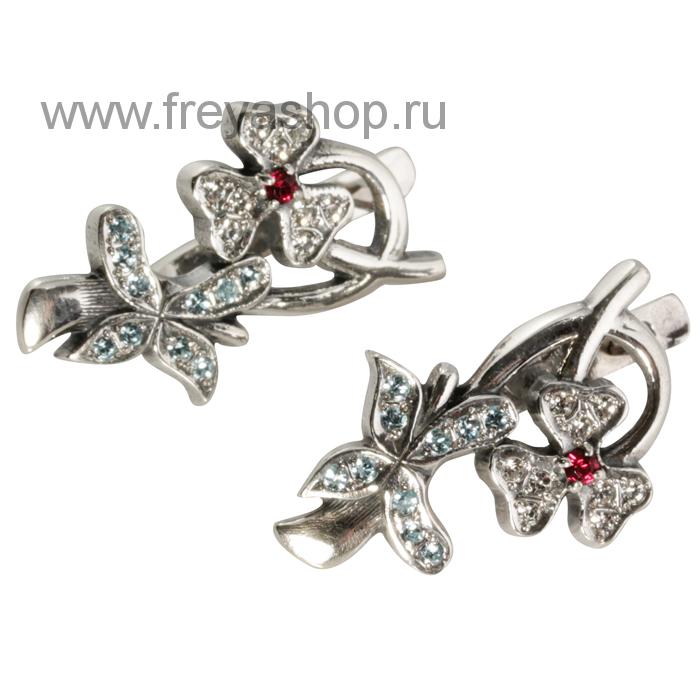 Серебряные серьги "Букет" с цирконами, Россия