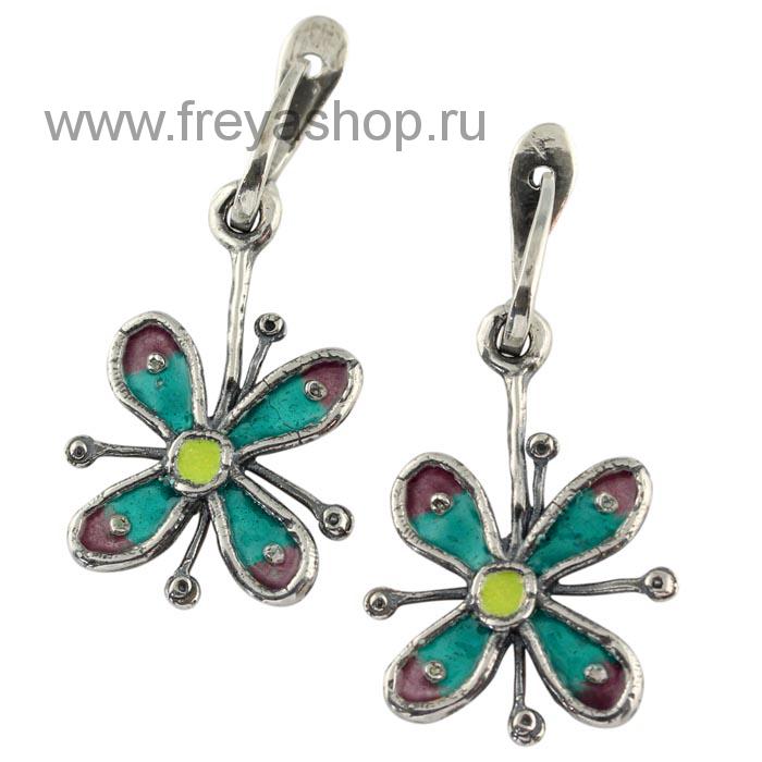Серебряные серьги с эмалью "Полевые цветы", Кострома