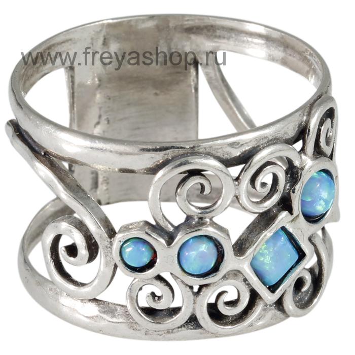 Серебряное широкое кольцо со сложным рисунком и опалами, Израиль
